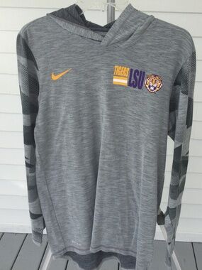 Nike LSU Hooded Gray, Gray Plaid Purple Long Sleeve Tee with Hood, Small, Unisex
